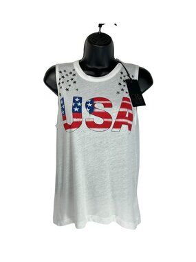 CHASER USA Crop Muscle Tank Top Sz XS White Star Studded Cotton Blend Patriotic